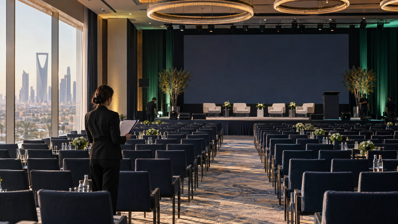 Illustrative corporate conference venue and stage