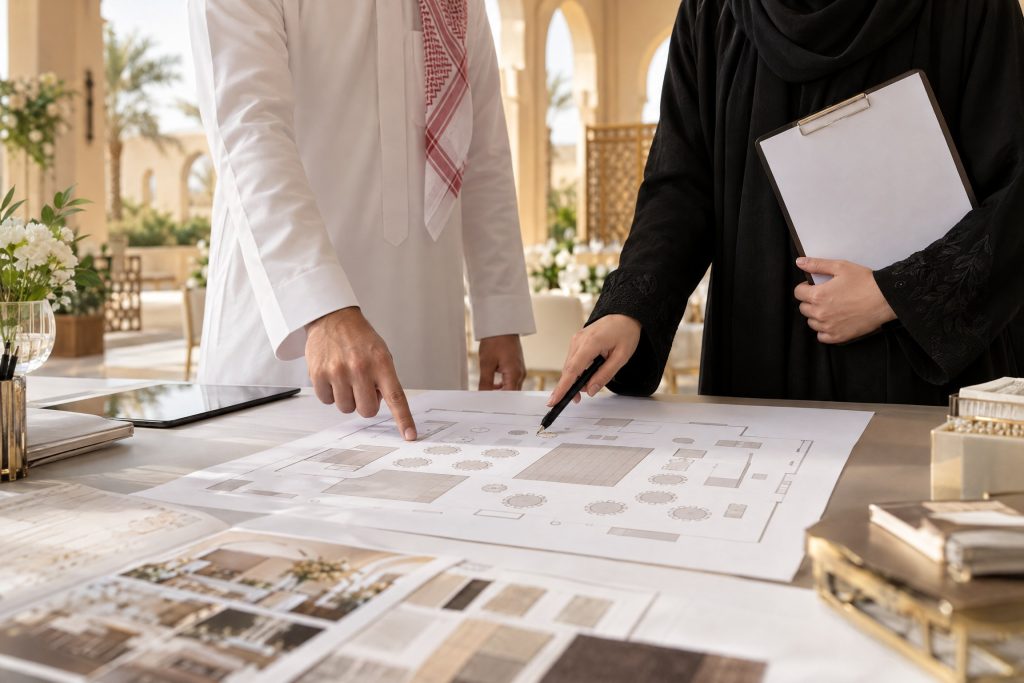 Event organiser reviewing a venue layout and production plan at a planning table