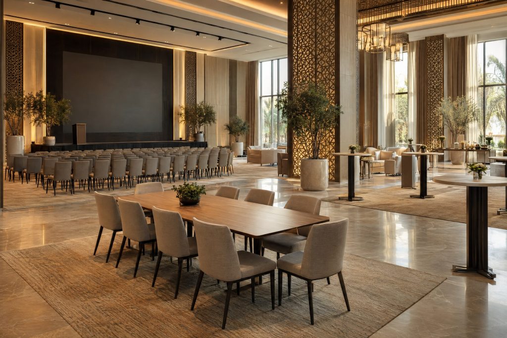 Modern corporate event hall planned with presentation, meeting and reception areas